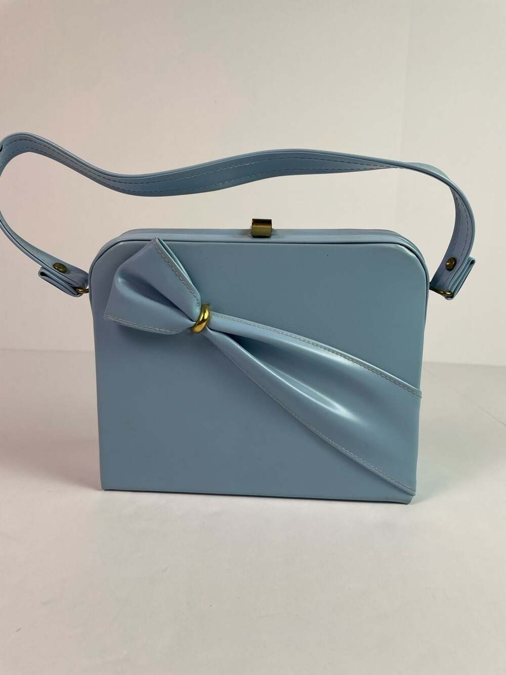 Vintage 1960s Powder Blue Vinyl Box Handbag with Bow Detail